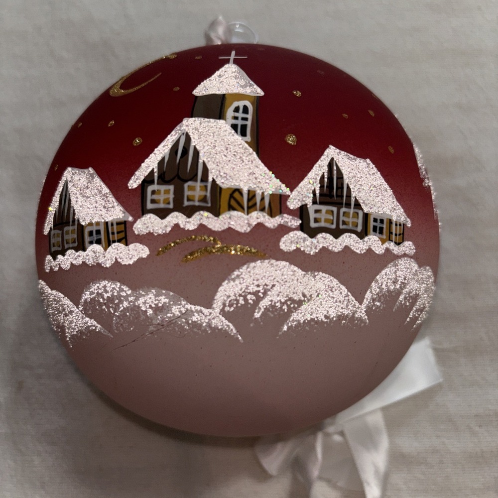 CANDLE BALL Hand painted Winter Church Scene Red Frost